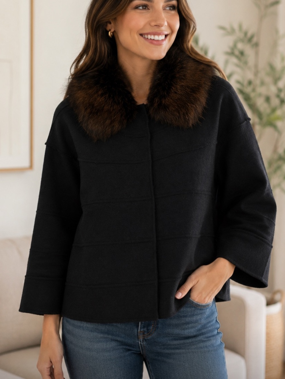 Athena Marie Boiled Wool Women's Black Jacket with Brown Faux Fur Collar NEW